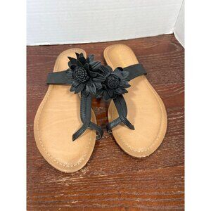 Maui Island Womens Black Floral Flip-Flop Sandals Size 8 Faux Leather